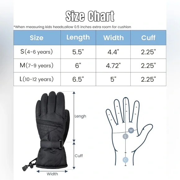 ANDORRA Kids Ski Gloves Waterproof Winter Children's Snow Gloves. SMALL - Picture 5 of 8